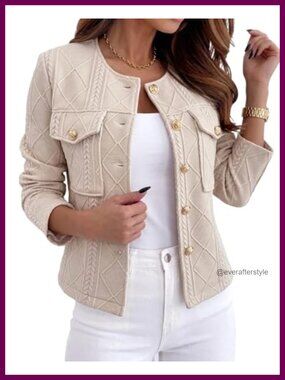 Lightweight Argyle Cable Knit Cropped Jacket Gold Button Bomber Outerwear